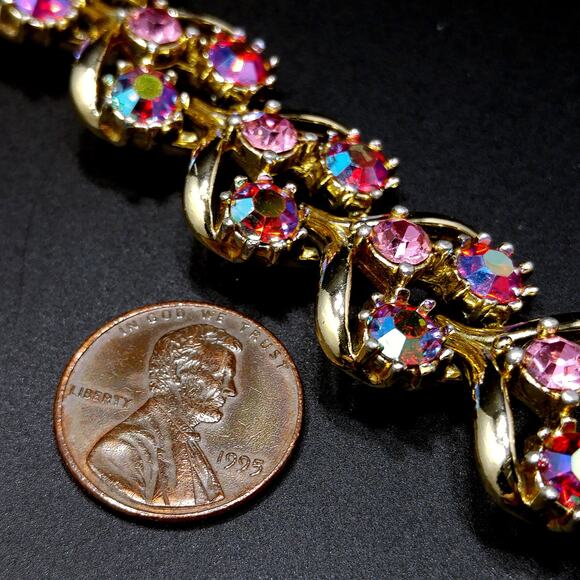 Vintage 1960s Red AB & Pink Rhinestone Bracelet, Gold Tone Links - Picture 10 of 10